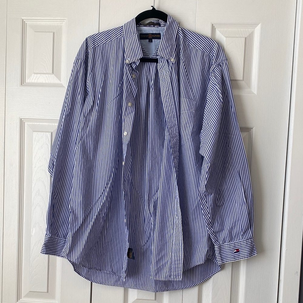 Tommy Hilfiger Golf Classic Blue and White Striped Men's Shirt Size L